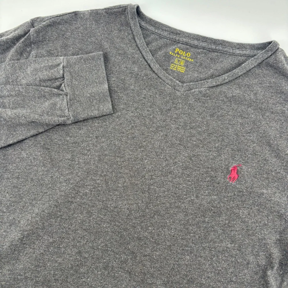 Polo Ralph Lauren T-Shirt Mens L Grey Excellent V-Neck Long‎ Sleeve Pony Logo